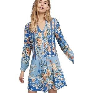 Tiny Anthropologie Blue Floral Print Boho Drop Waist Dress